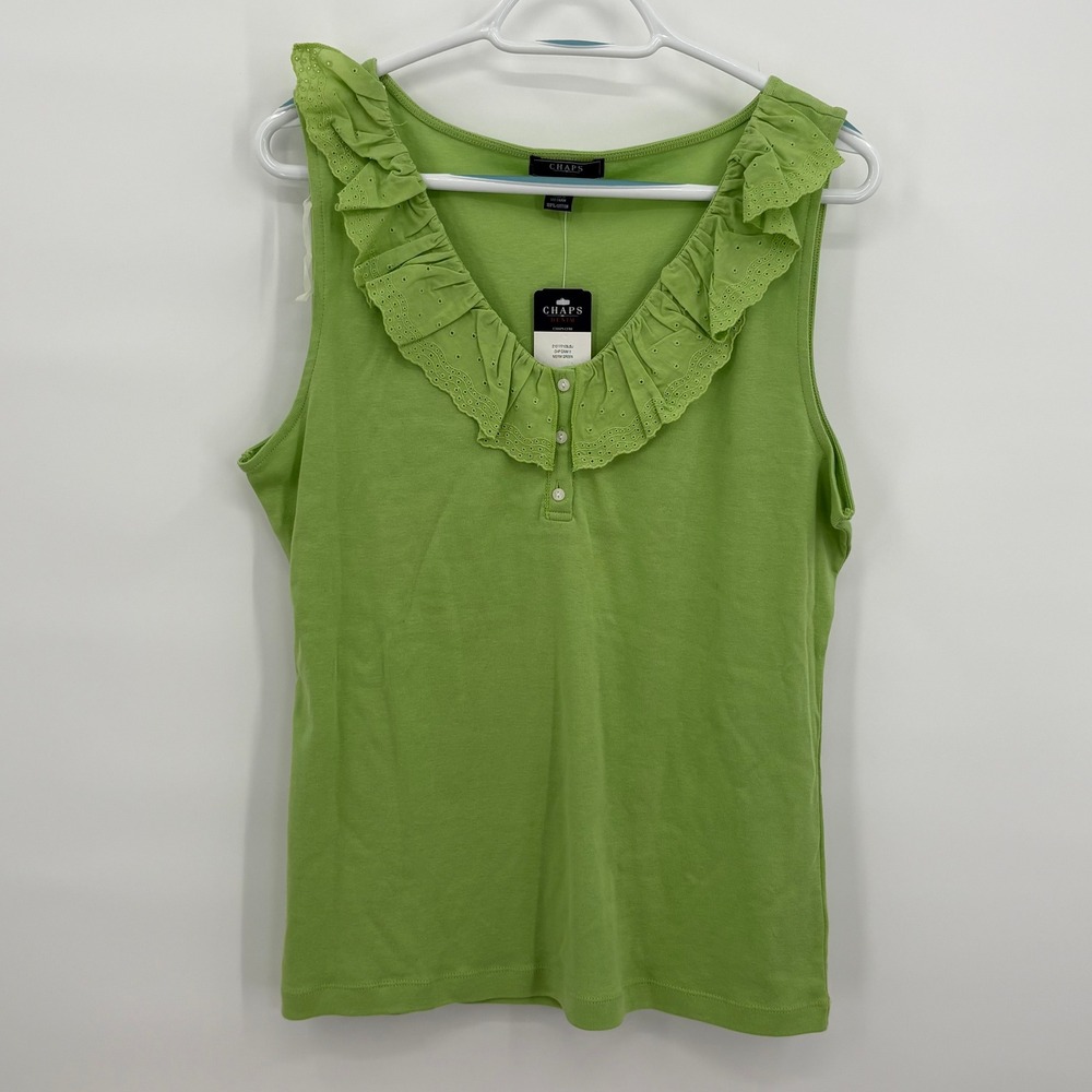 Chaps Denim Womens XL Green Ruffle Eyelet Henley Tank Top Sleeveless Cotton NEW